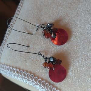 Dangle red shell and bead earrings